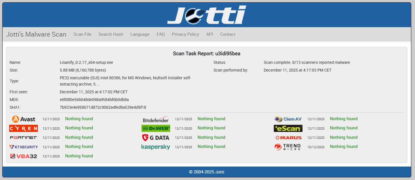 Jotti's Malware Scan Results showing 0 out of 14 security vendors flagged Lisanify as malicious, confirming the software is safe