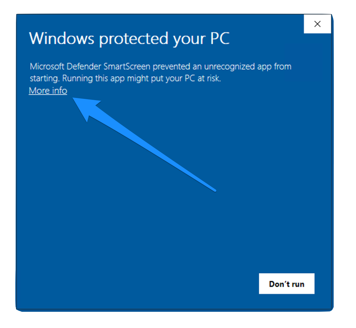 Windows SmartScreen Warning dialog showing 'Windows protected your PC' message with More info link highlighted